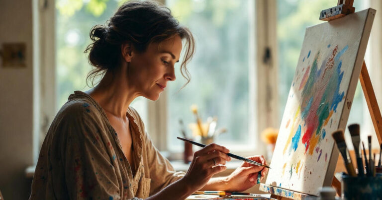 Pratique intuitive art-thérapie: femme créant œuvre abstraite colorée dans atelier lumineux, symbole bien-être mental et gestion stress